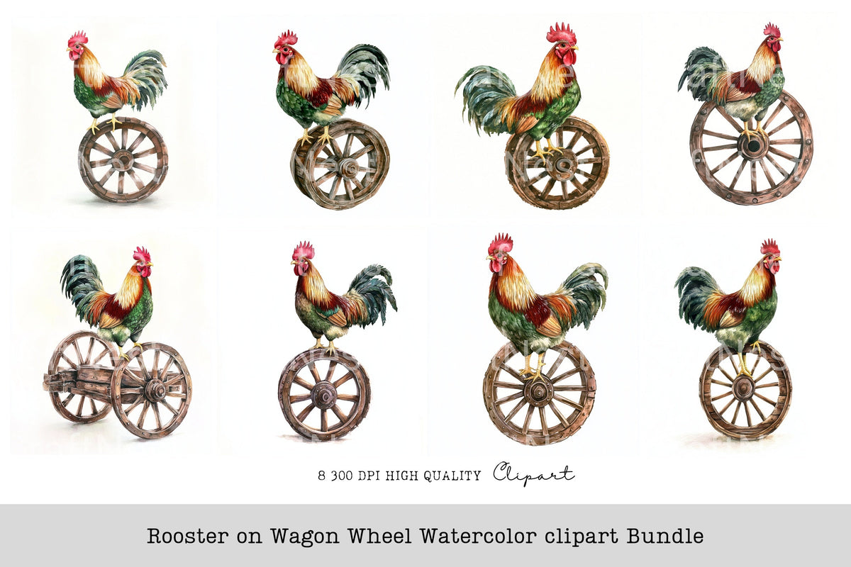 Rooster On Wagon Wheel Clipart Bundle