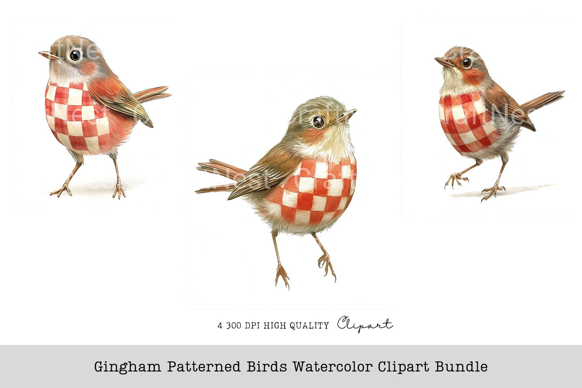 Gingham Patterned Birds Clipart Bundle