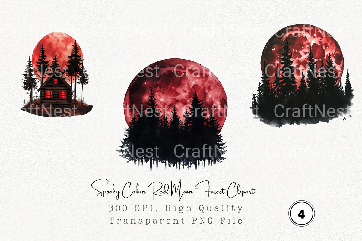 Spooky Cabin Red Moon Forest Clipart Bundle