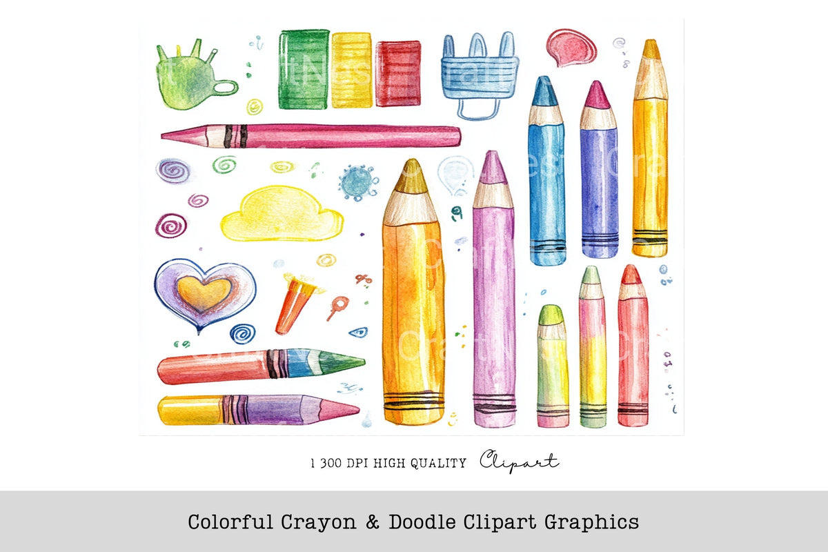 Colorful Crayon Doodle Graphics Clipart Bundle
