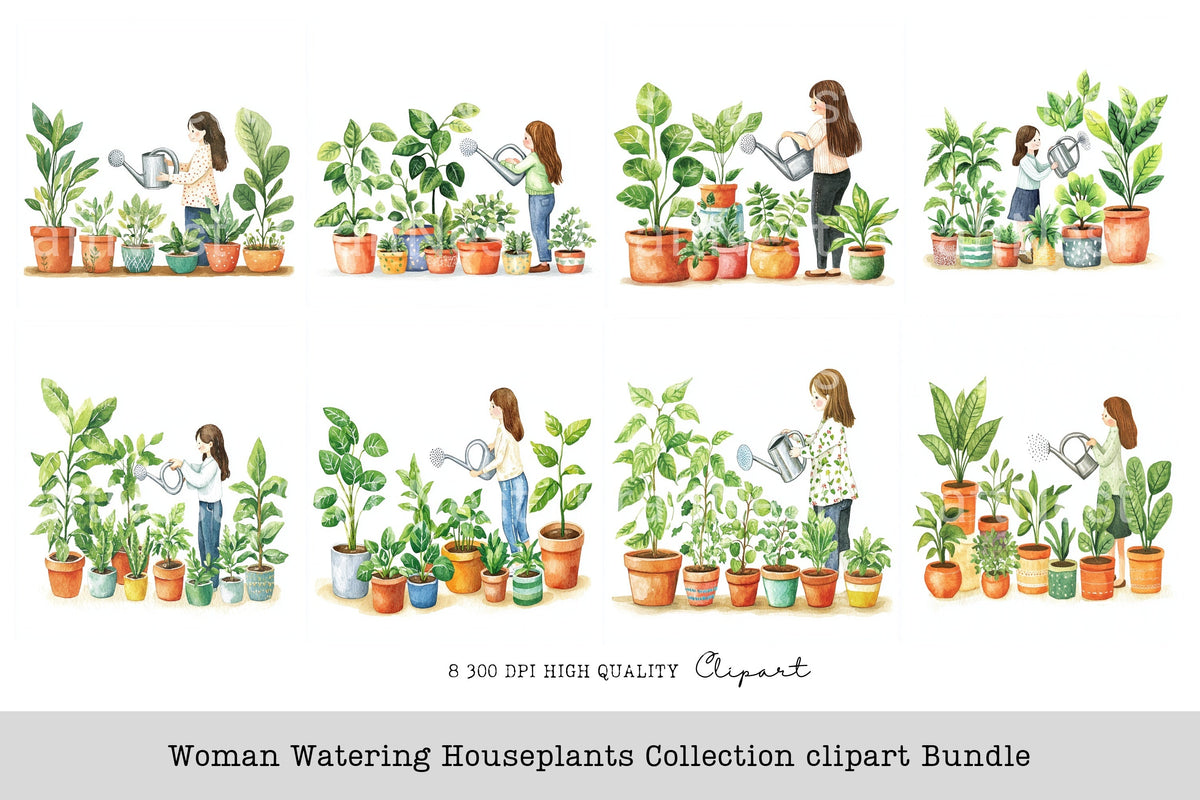 Woman Watering Houseplants Clipart Bundle
