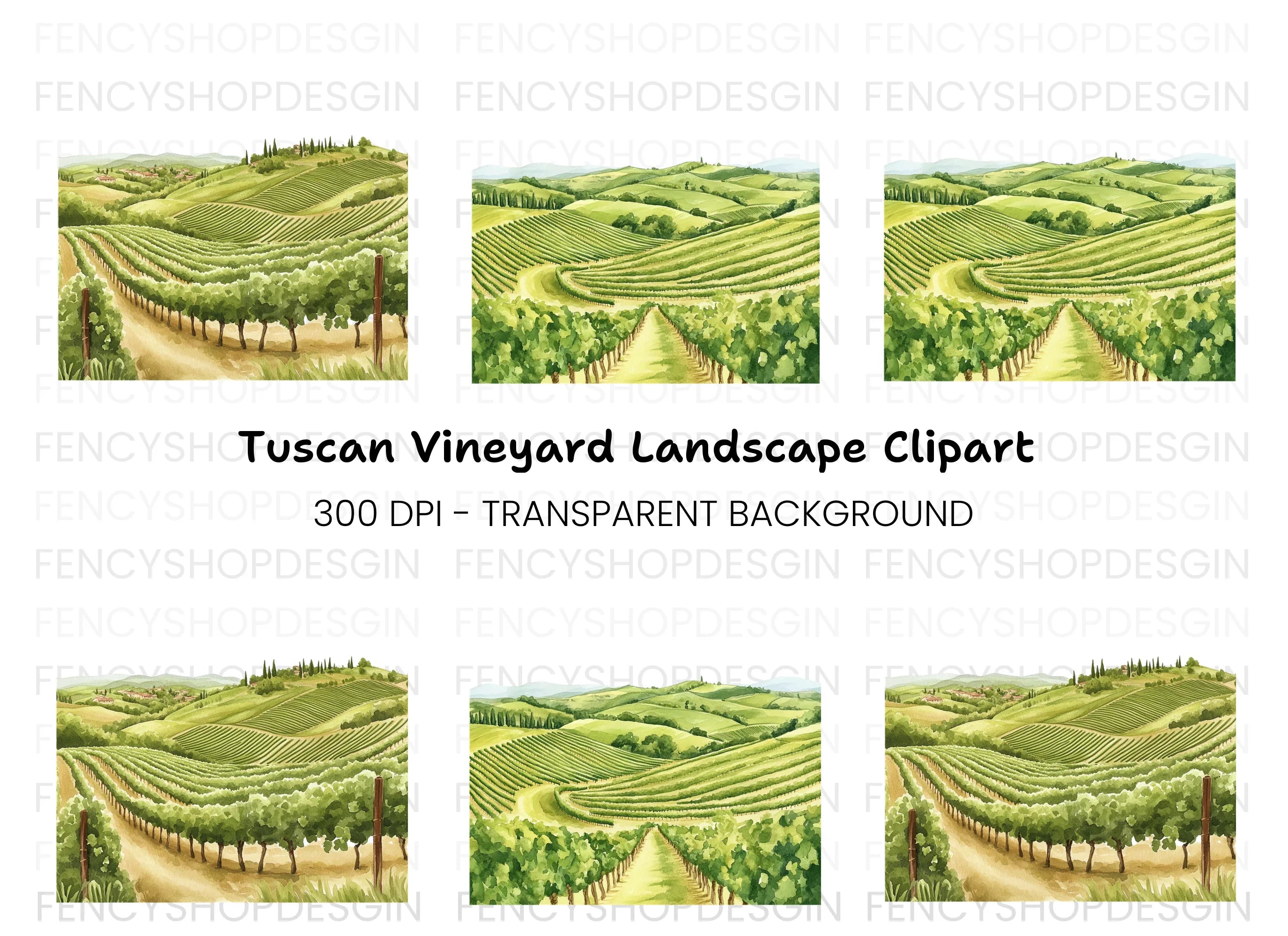 Tuscan Vineyard Landscape Clipart Bundle