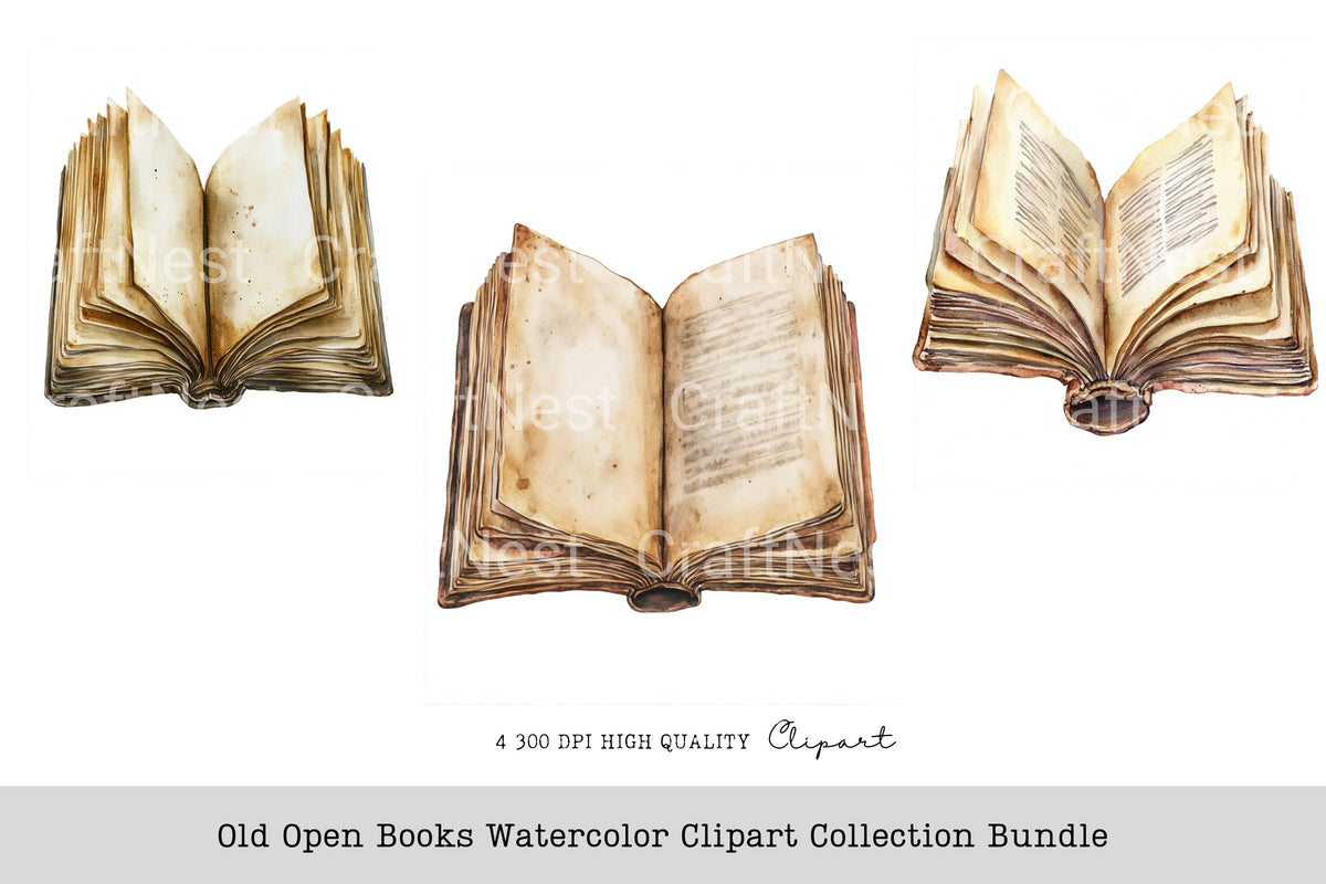 Old Open Books Watercolor Clipart Planner