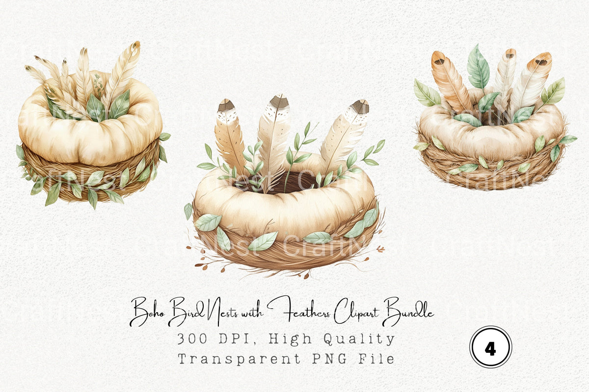 Boho Bird Nests With Feathers Clipart Bundle