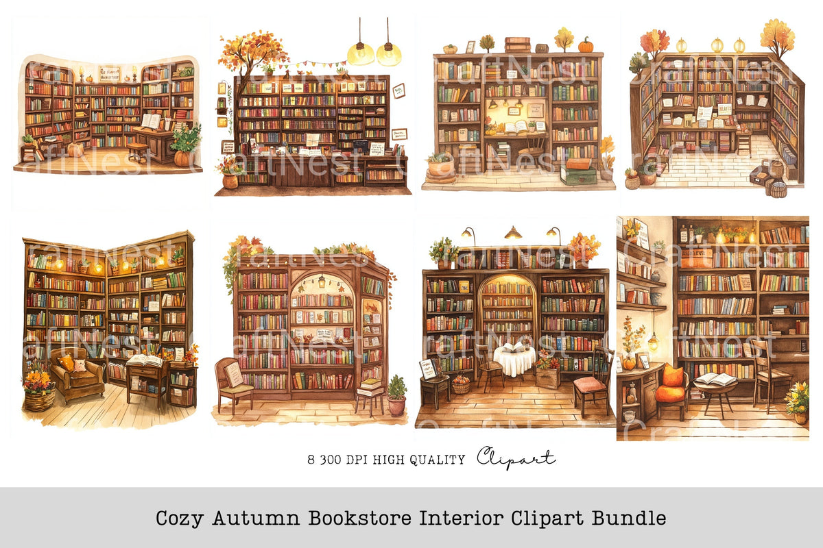Cozy Autumn Bookstore Clipart Planner