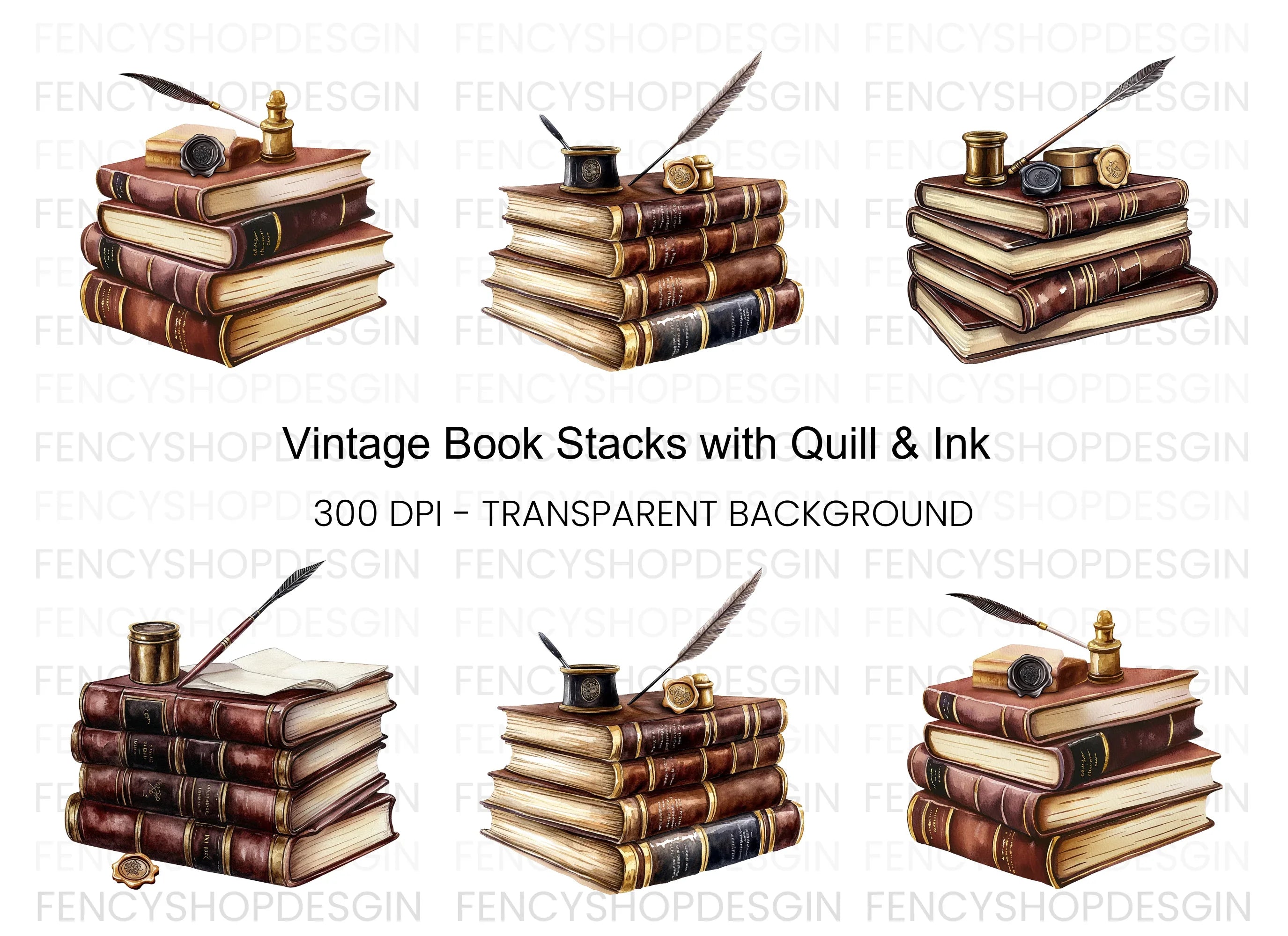 Vintage Books and Quill Clipart Bundle