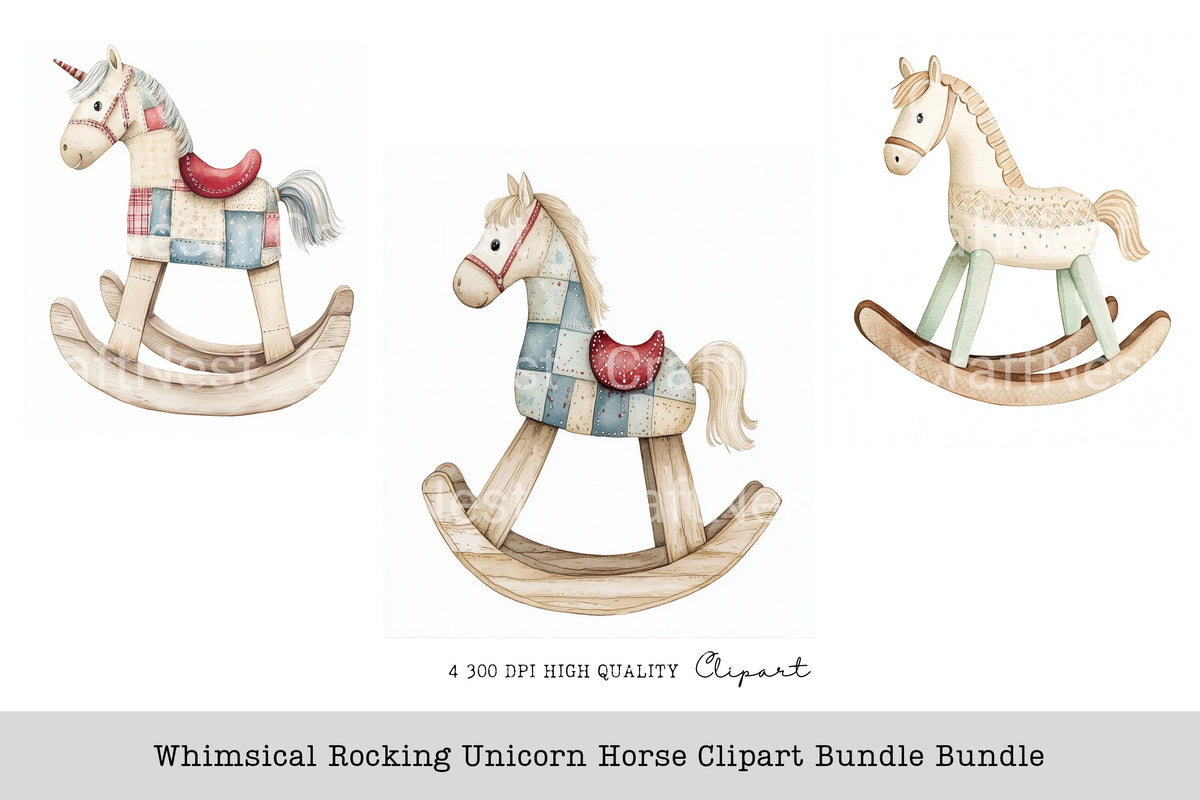 Whimsical Rocking Unicorn Horse Clipart Bundle