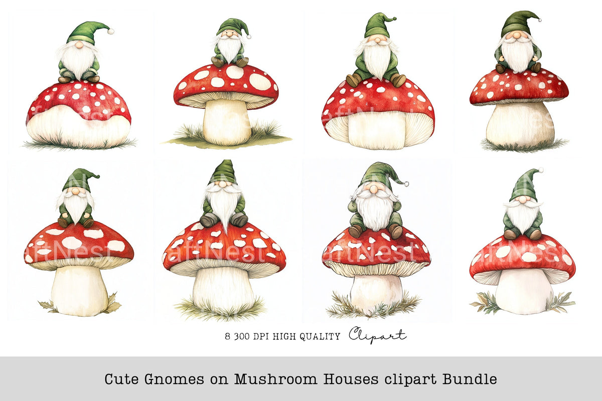 Cute Gnomes On Mushroom Houses Clipart Bundle