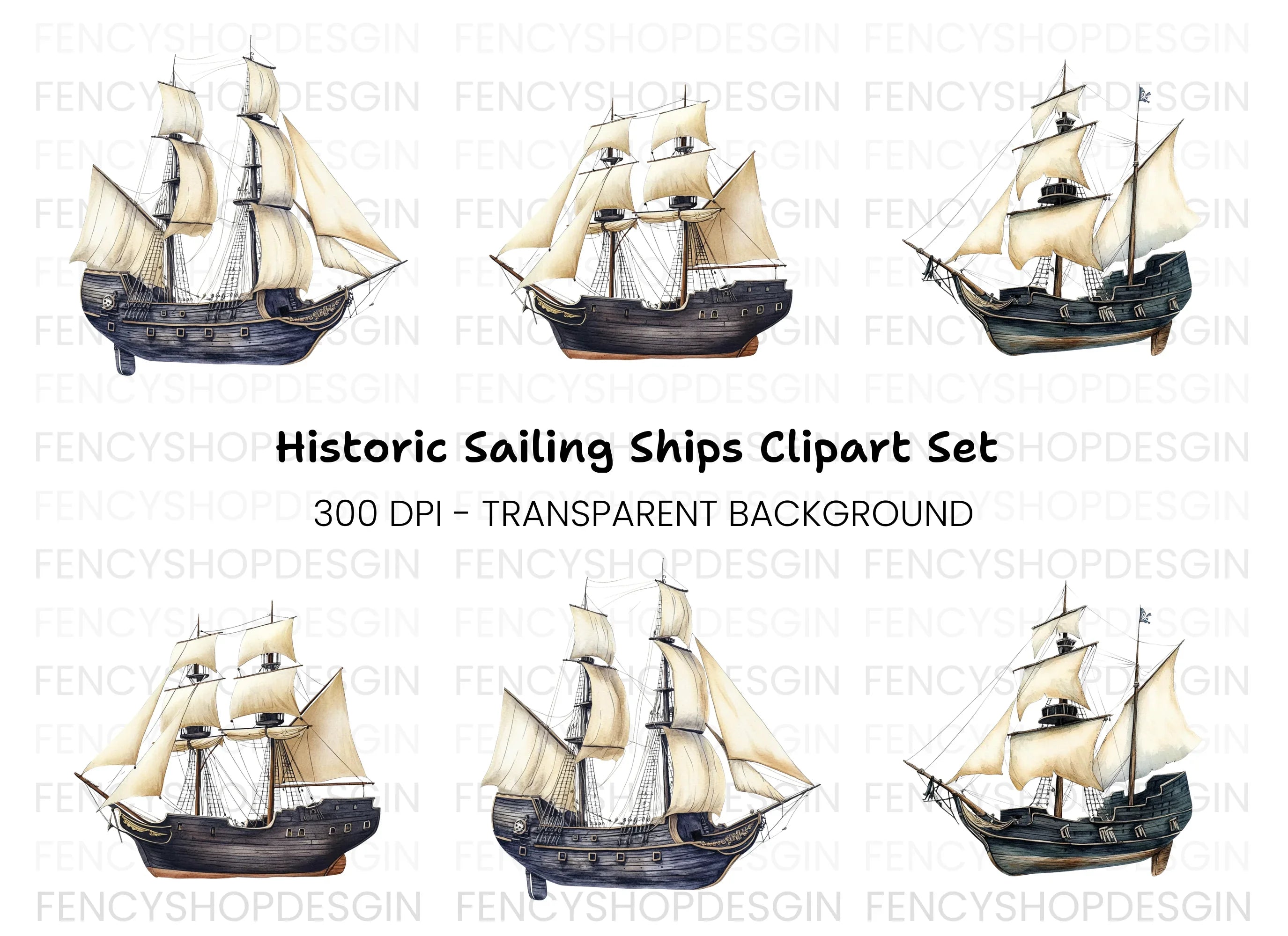 Vintage Pirate Ship Clipart Bundle