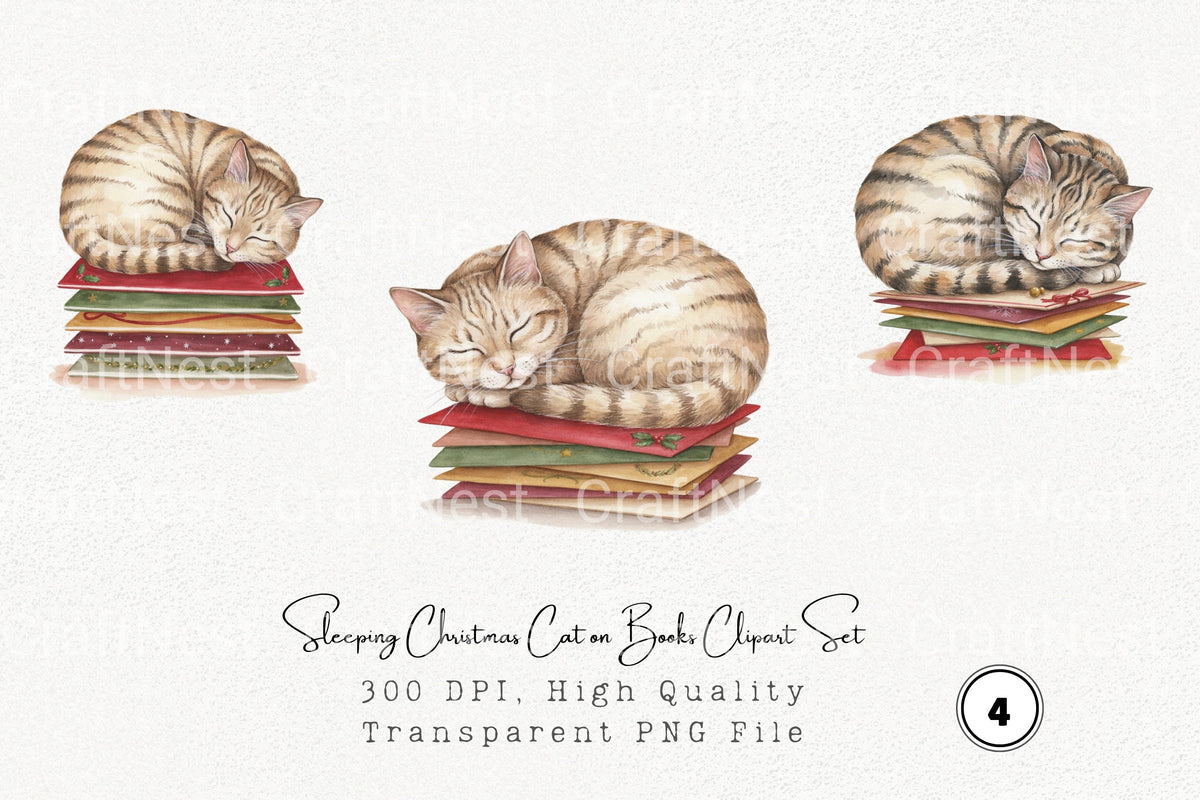 Sleeping Christmas Cat On Books Clipart Planner