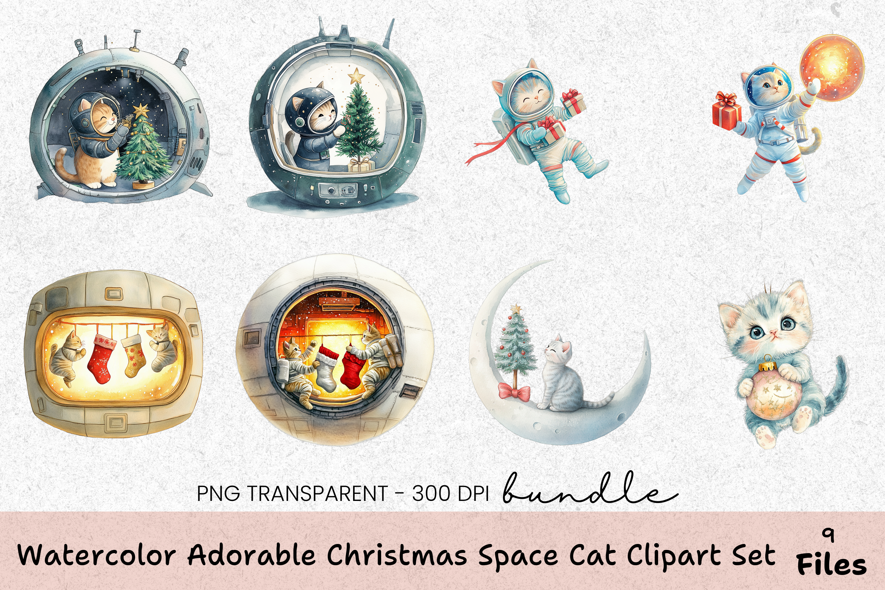 Adorable Christmas Space Cat Clipart Bundle