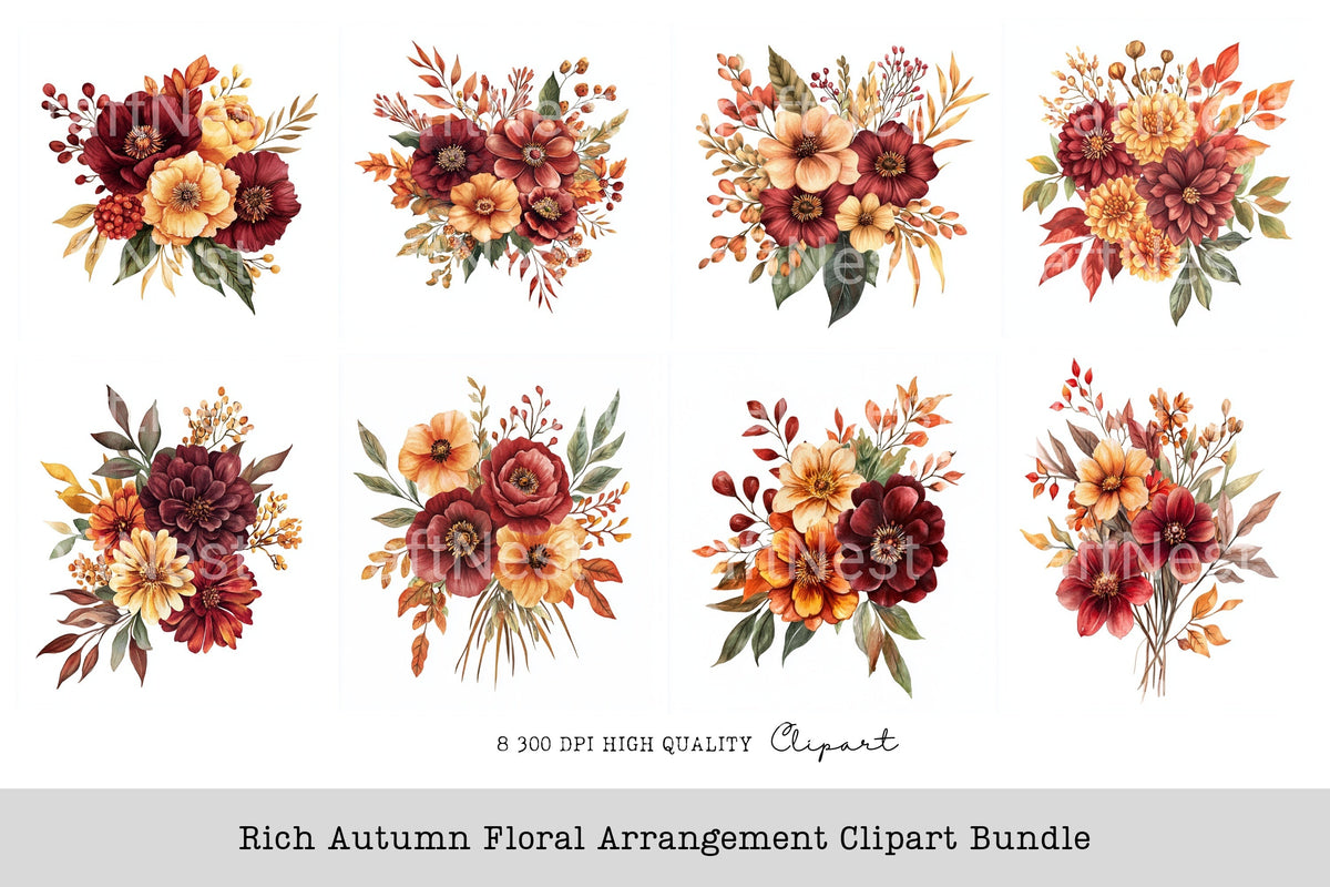 Rich Autumn Floral Arrangement Clipart Bundle