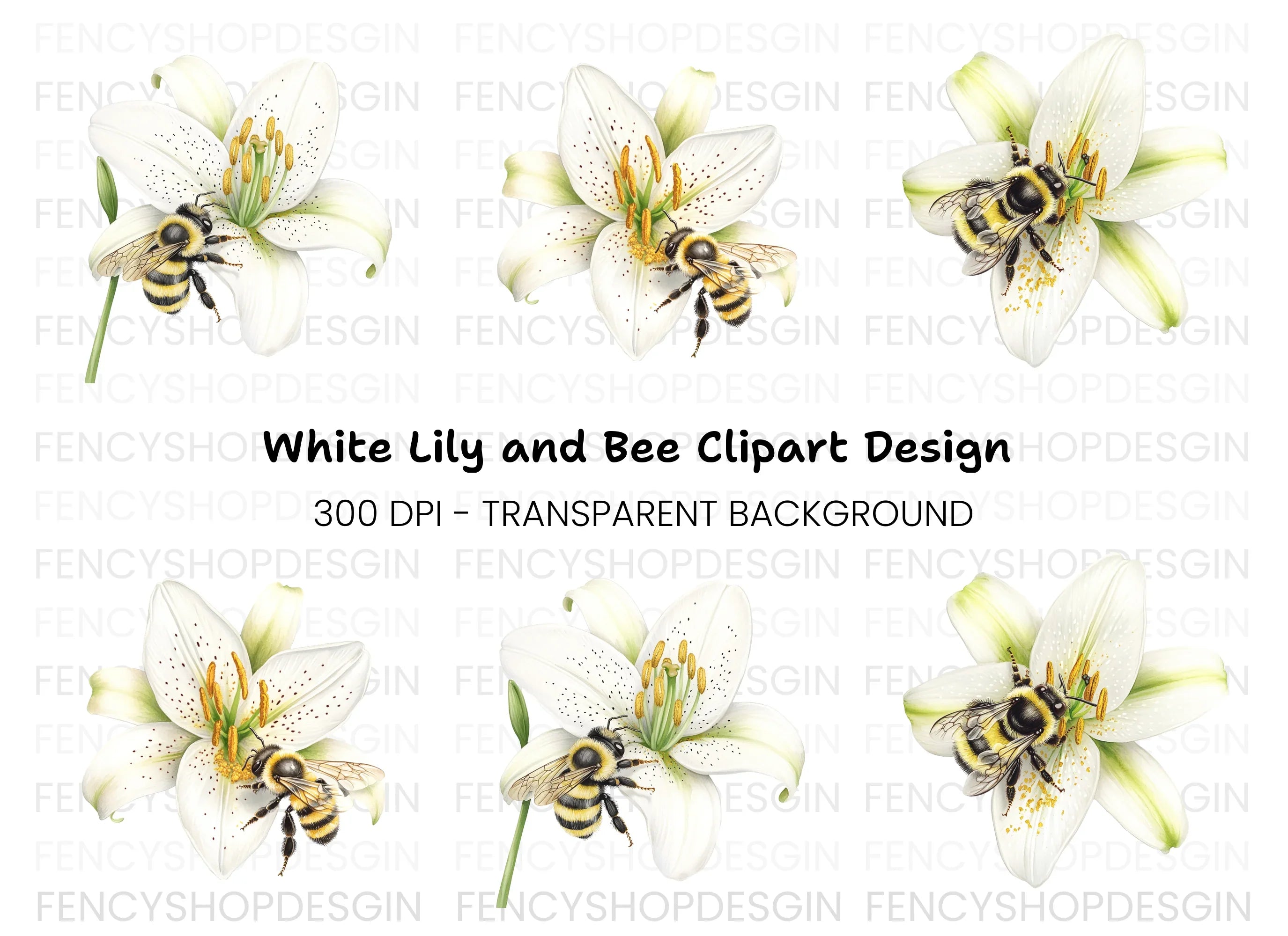 Bumblebees on White Lilies Clipart Bundle