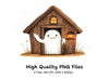 Cute Ghost in Wooden House Clipart Bundle