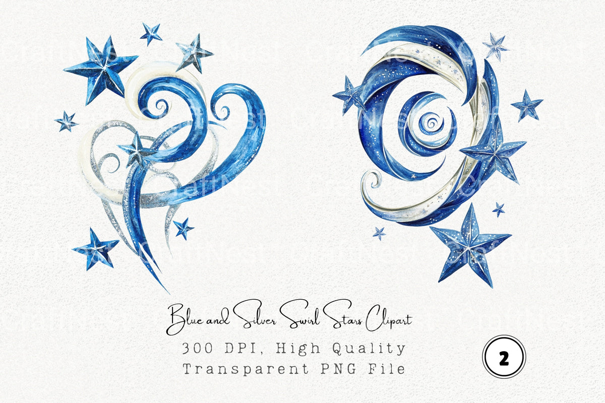 Blue And Silver Swirl Stars Clipart Bundle
