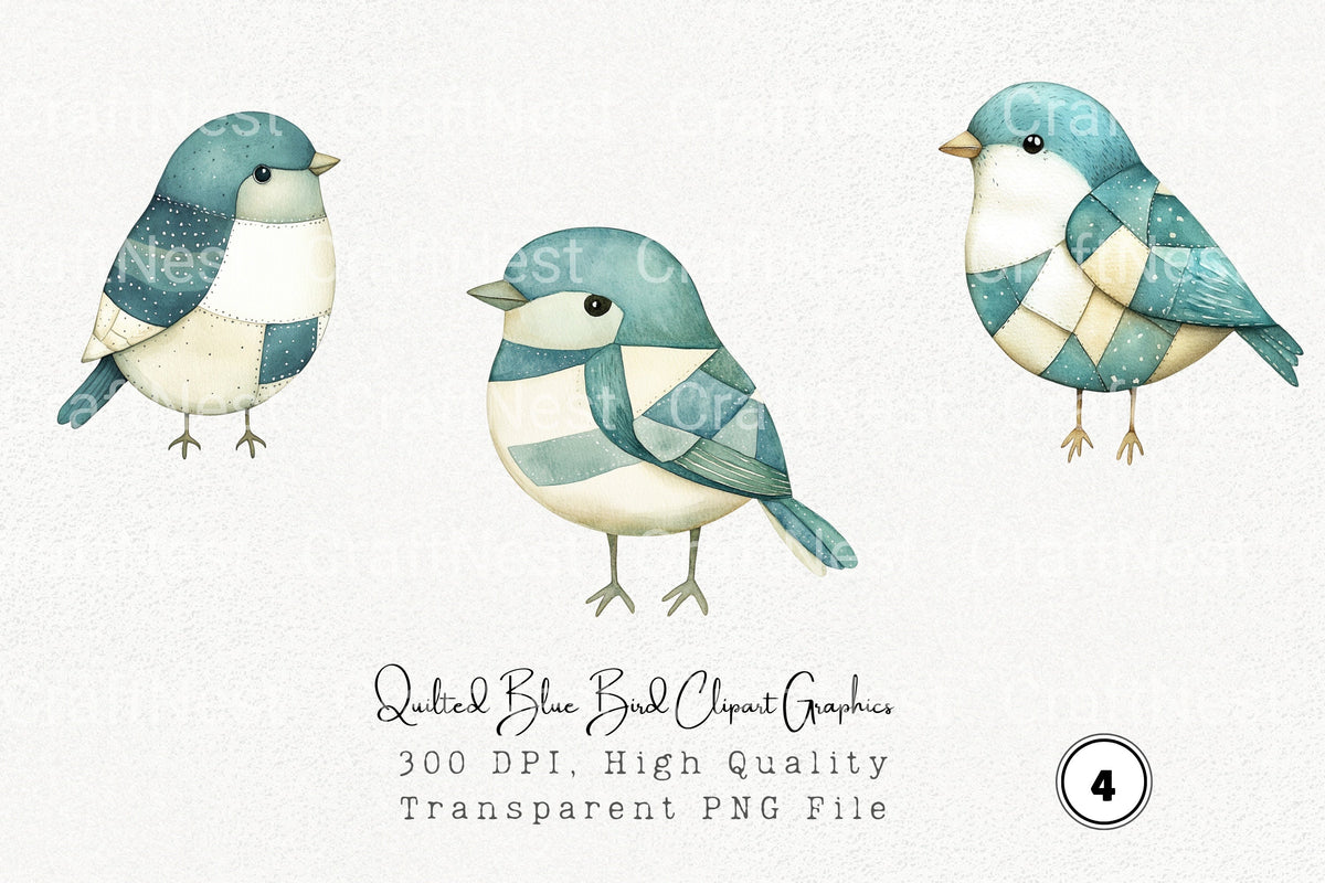 Quilted Blue Bird Graphics Clipart Bundle