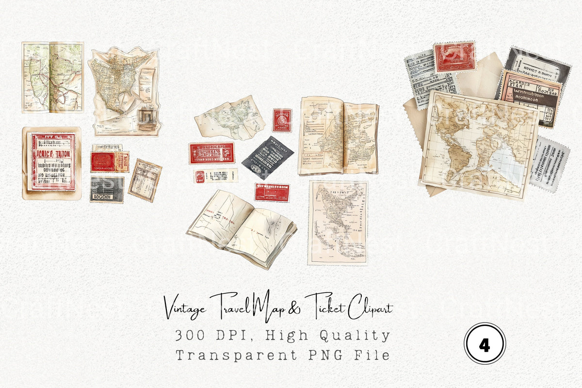 Vintage Travel Map Ticket Clipart Bundle