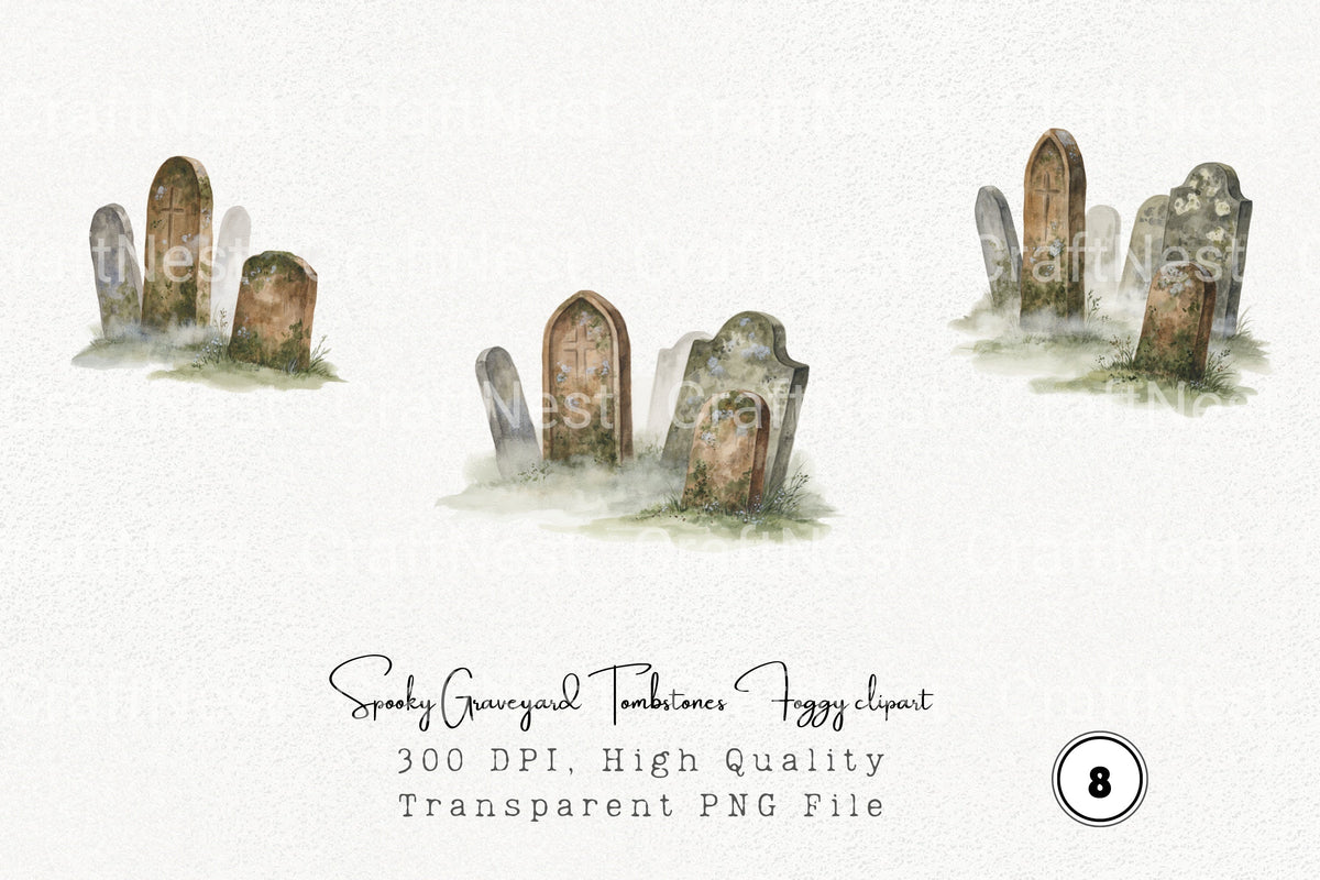Spooky Graveyard Tombstones Foggy Clipart Bundle