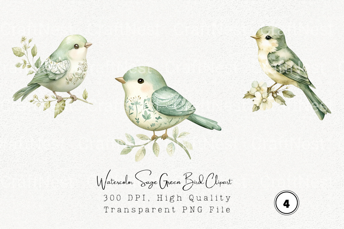 Sage Green Bird Clipart Bundle