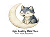 Cute Baby Wolf on Moon Clipart Bundle