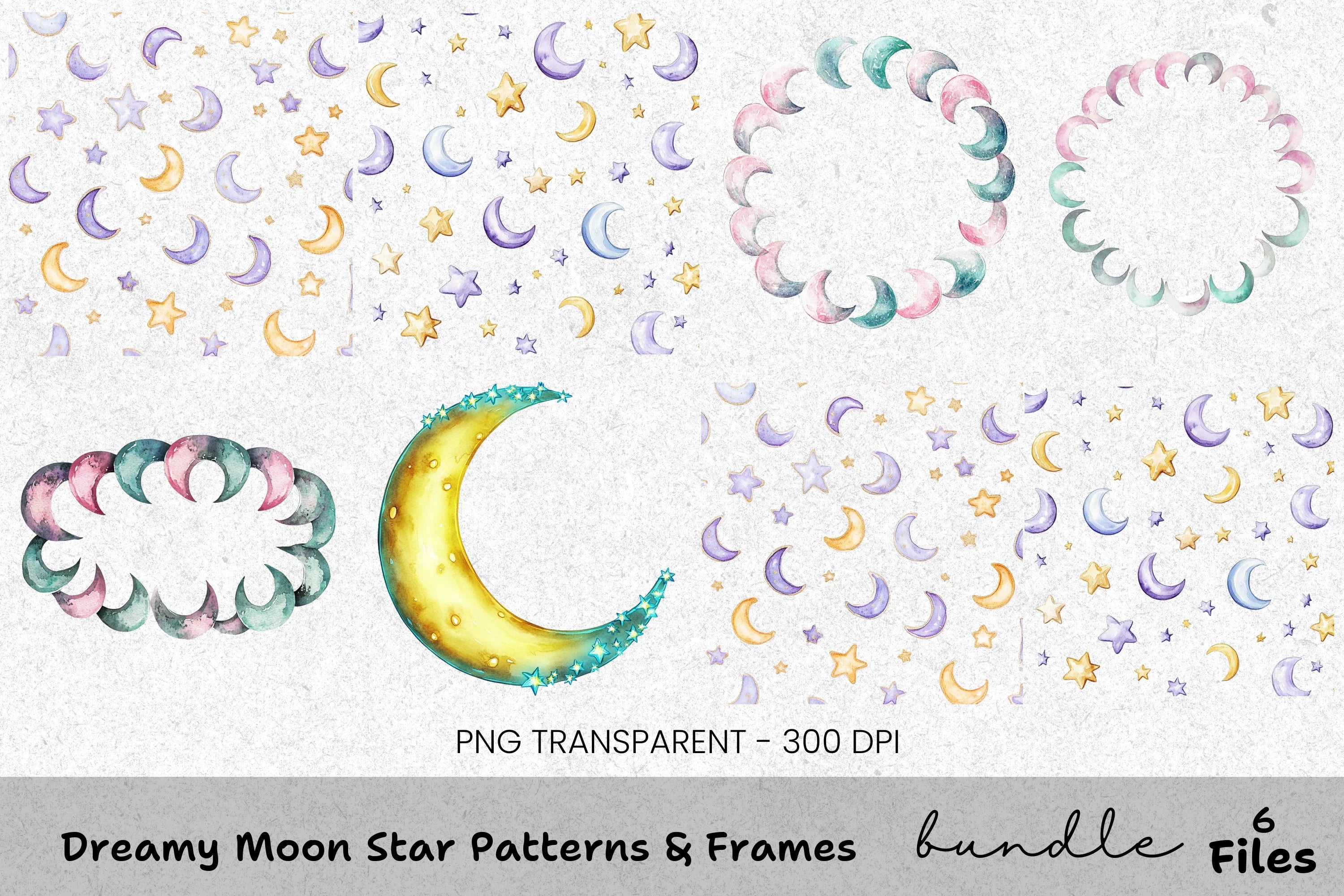 Dreamy Moon Star Patterns Frames Clipart Bundle
