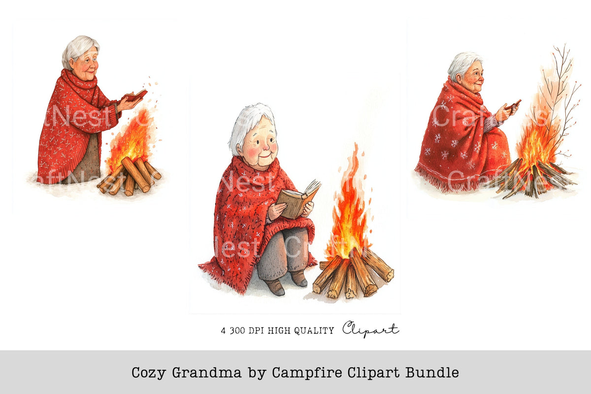 Cozy Grandma By Campfire Clipart Bundle