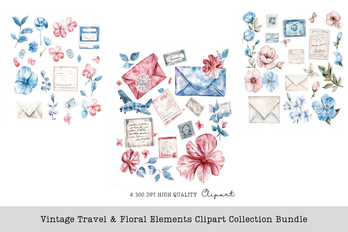 Vintage Travel Floral Elements Clipart Bundle