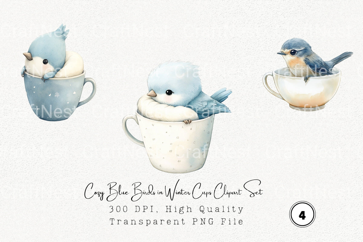 Cozy Blue Birds In Winter Cups Clipart Bundle