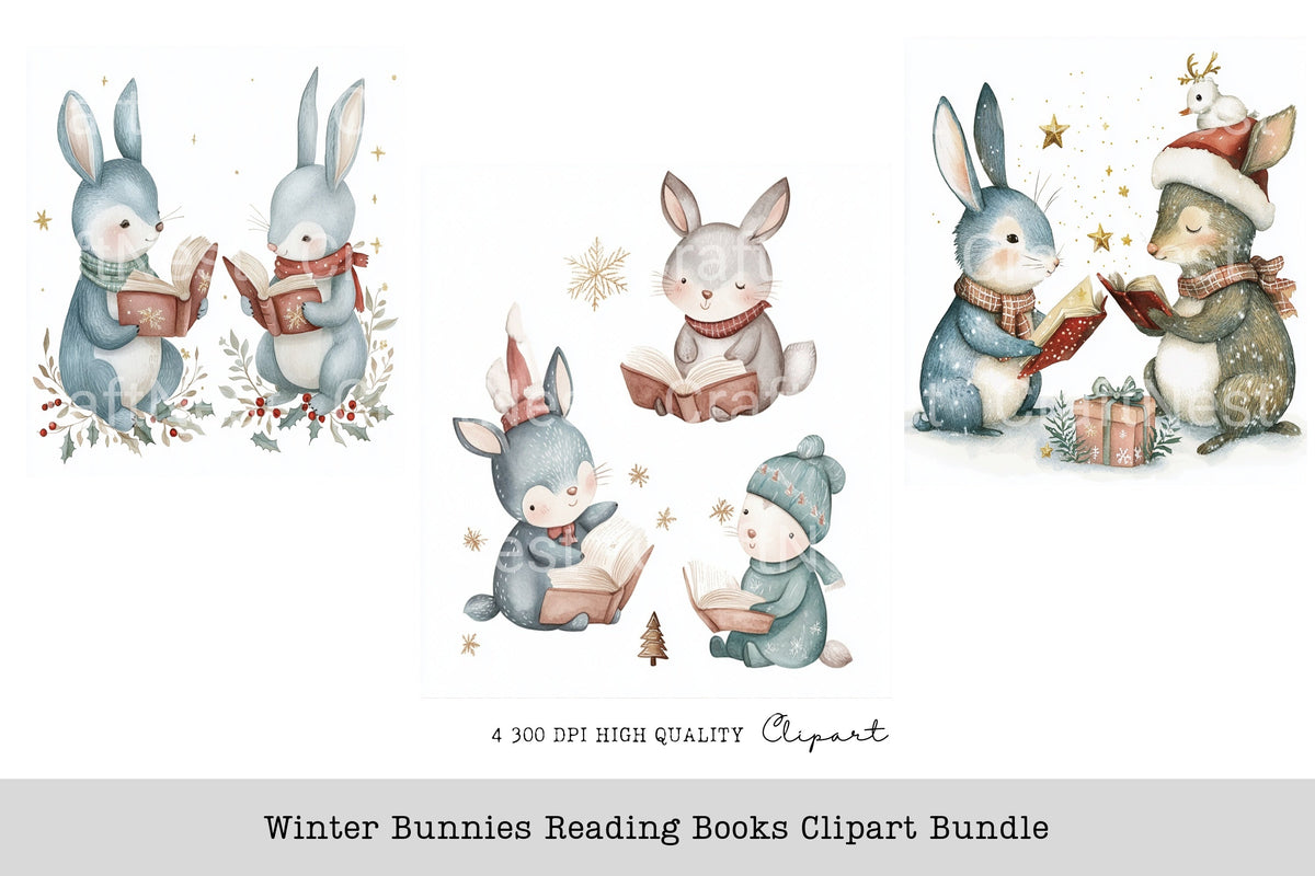 Winter Bunnies Reading Books Clipart Planner