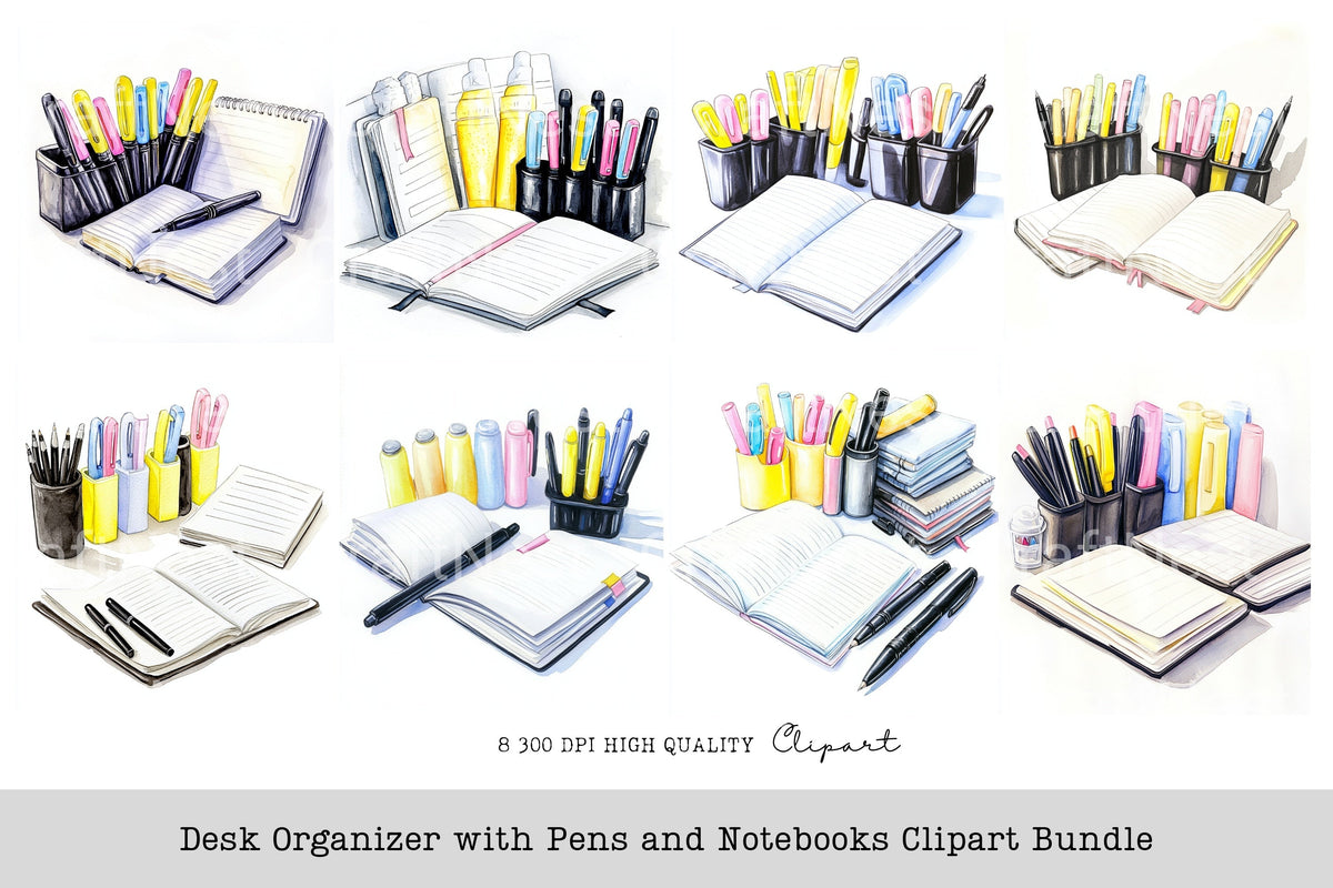 Desk With Pens And Notebooks Clipart Planner
