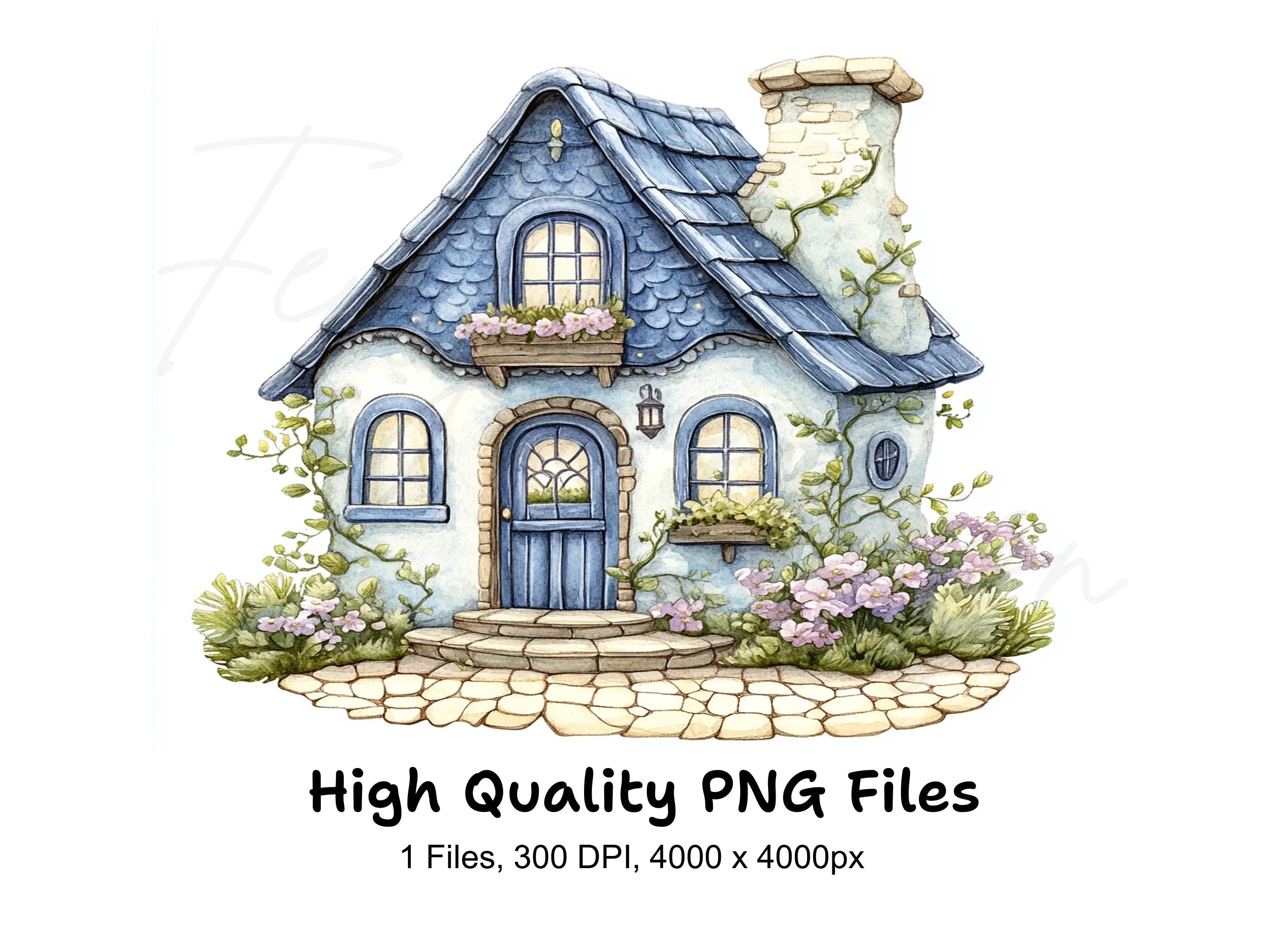 Charming Blue Roof Cottage Clipart Bundle