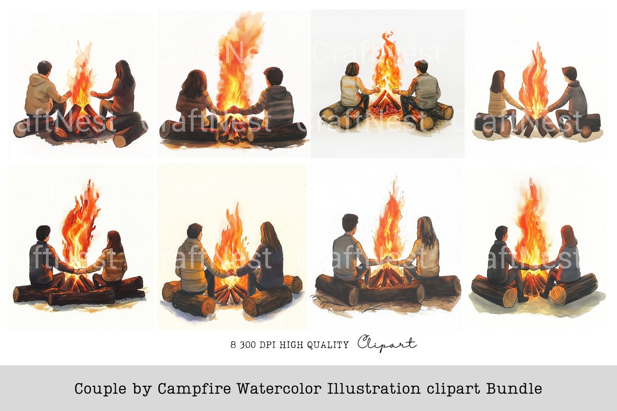 Couple By Campfire Illustration Clipart Bundle