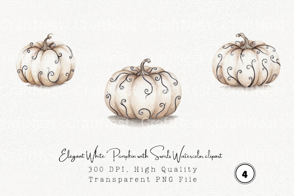 Elegant White Pumpkin With Swirls Clipart Bundle