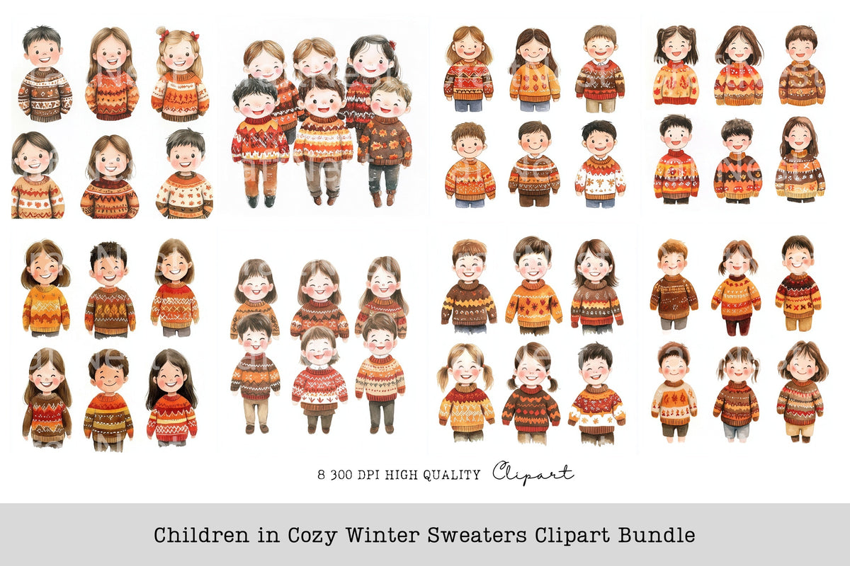 Children In Cozy Winter Sweaters Clipart Bundle