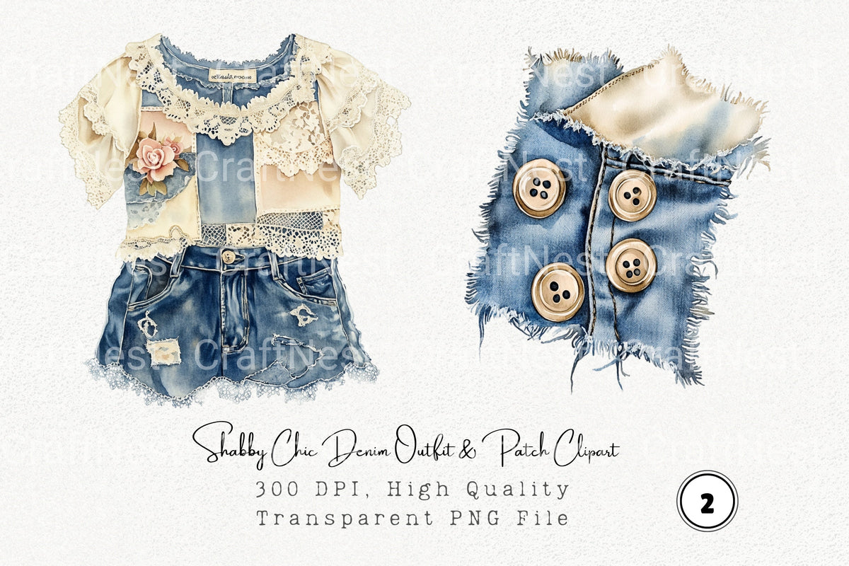 Shabby Chic Denim Outfit Patch Clipart Bundle