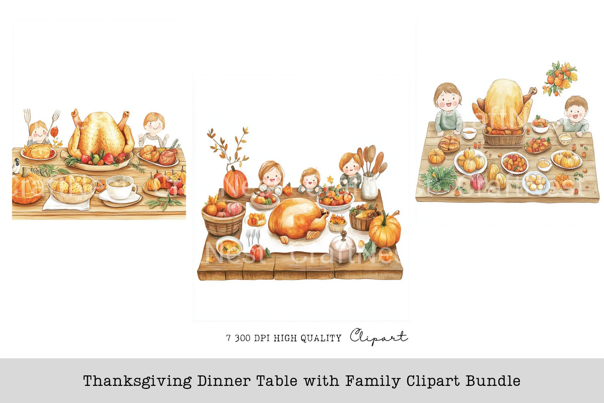 Thanksgiving Dinner Table With Family Clipart Bundle