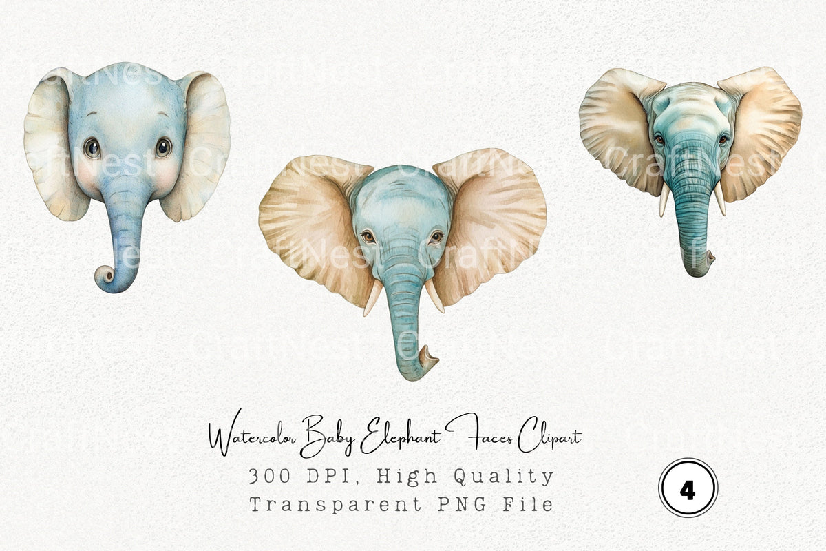 Baby Elephant Faces Clipart Bundle