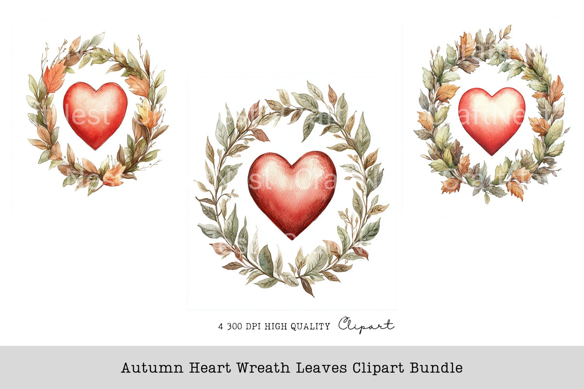 Autumn Heart Wreath Leaves Clipart Bundle