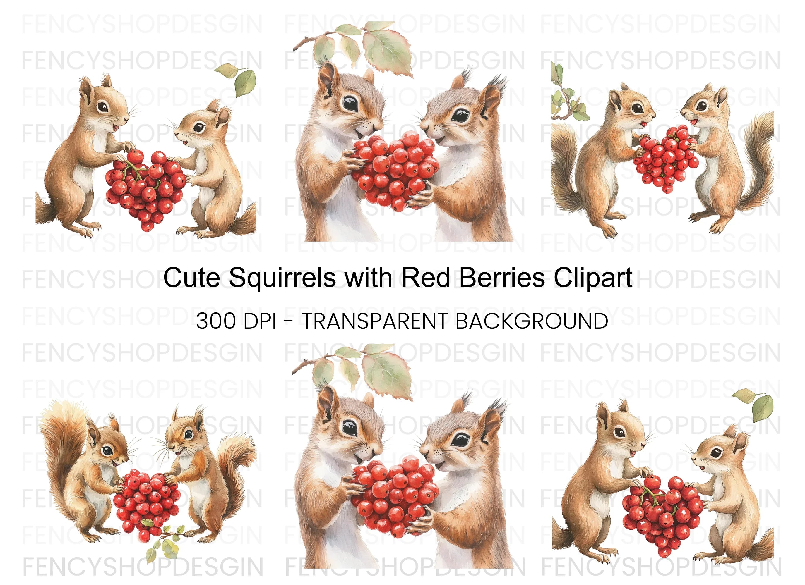 Adorable Squirrels with Berries Clipart Bundle