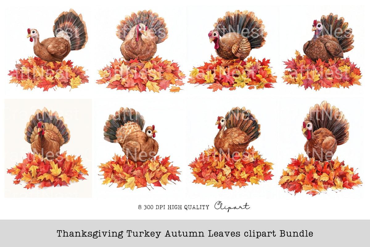 Thanksgiving Turkey Autumn Leaves Clipart Bundle