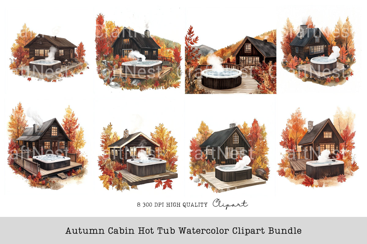 Autumn Cabin Hot Tub Clipart Bundle