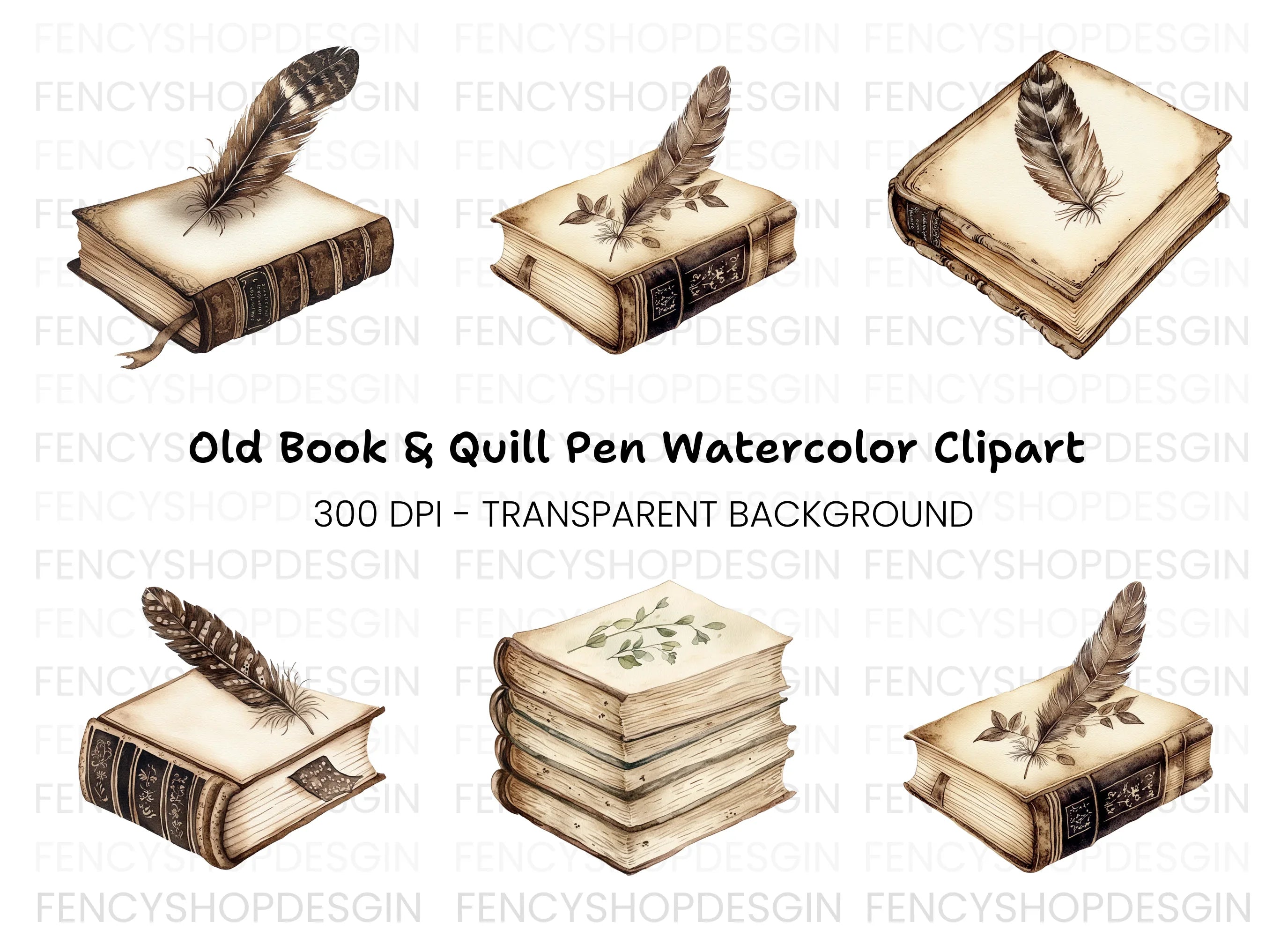 Vintage Books and Quills Clipart Bundle