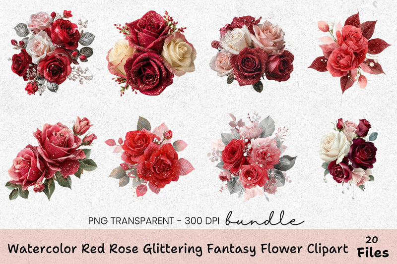 Red Rose Glittering Fantasy Flower Clipart Bundle - CraftNest - Digital Crafting and Art