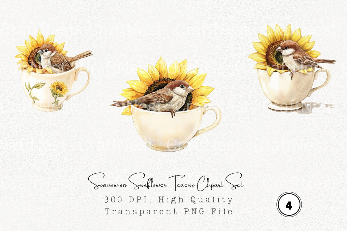 Sparrow On Sunflower Teacup Clipart Bundle