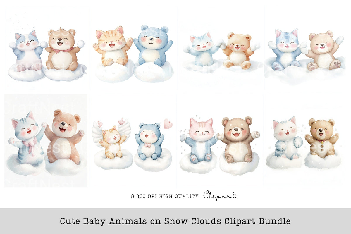 Cute Baby Animals On Snow Clouds Clipart Bundle
