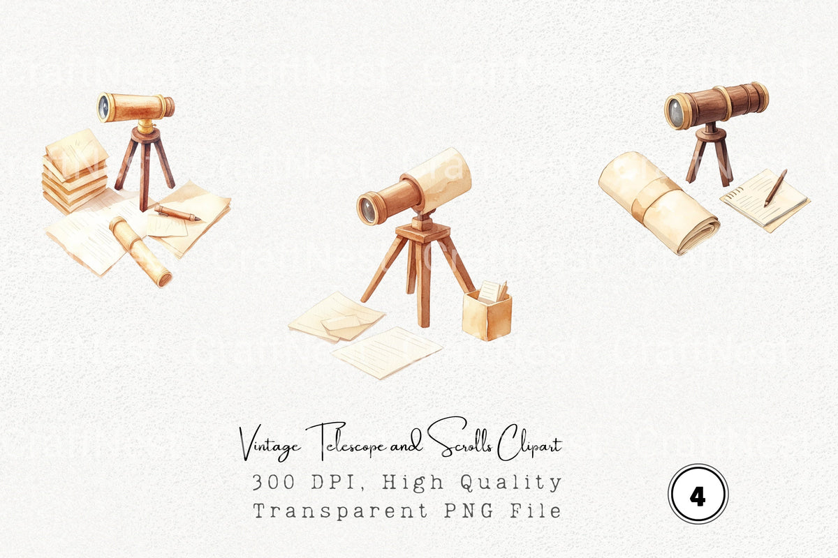 Vintage Telescope And Scrolls Clipart Bundle