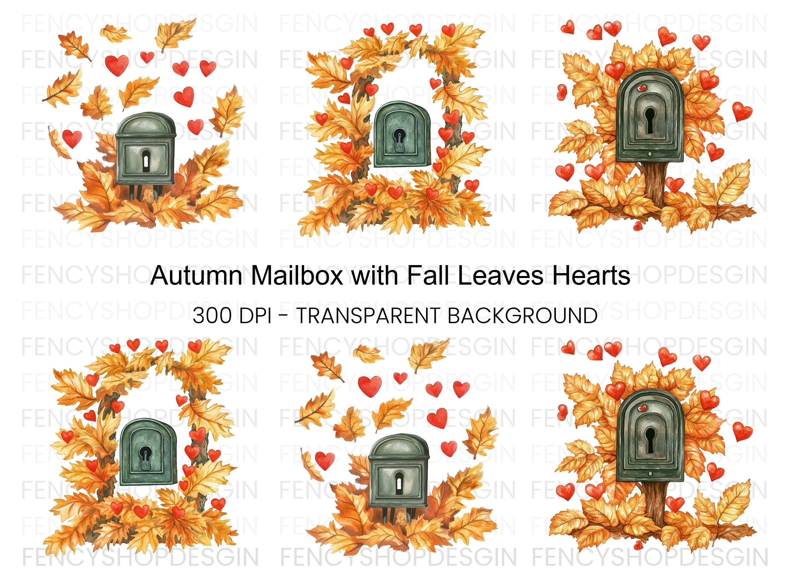 Autumn Leaves Mailbox with Hearts Clipart Bundle
