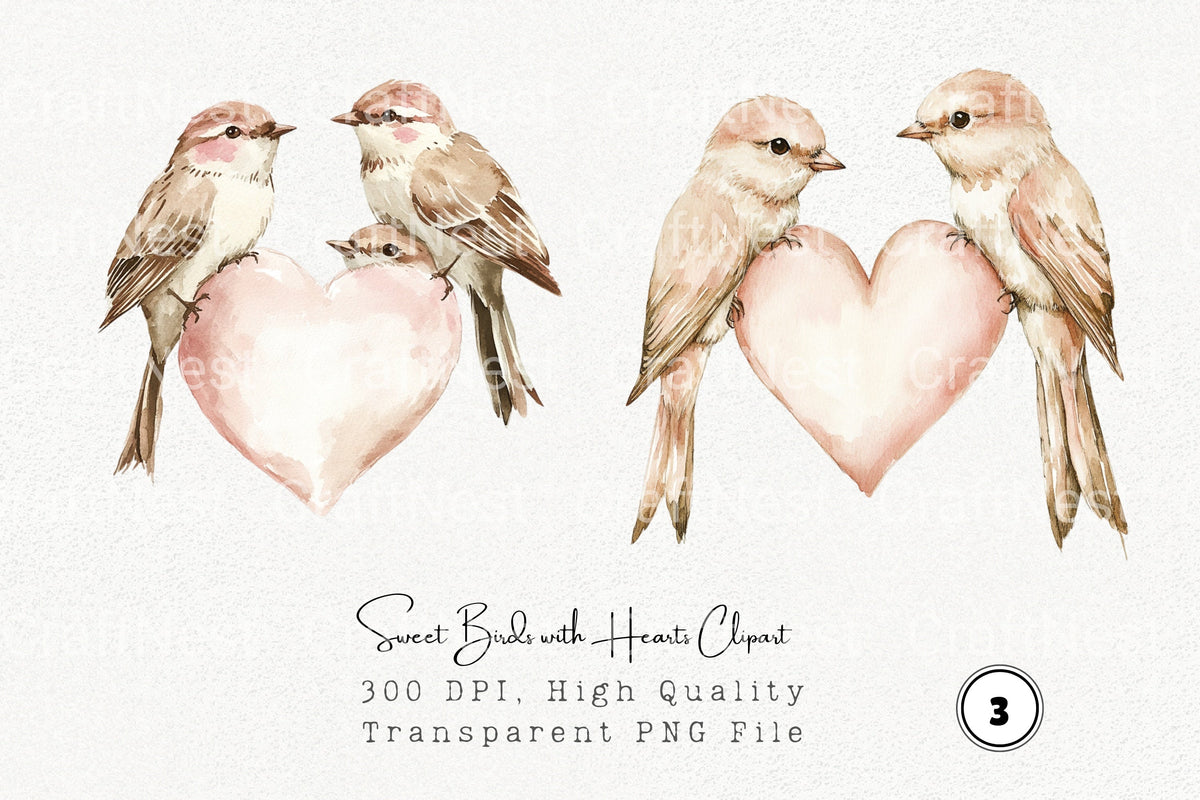 Sweet Birds With Hearts Clipart Bundle