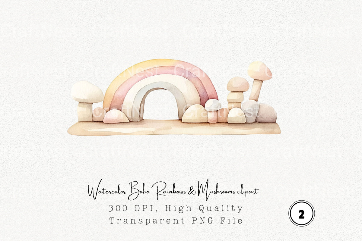 Boho Rainbows Mushrooms Clipart Bundle