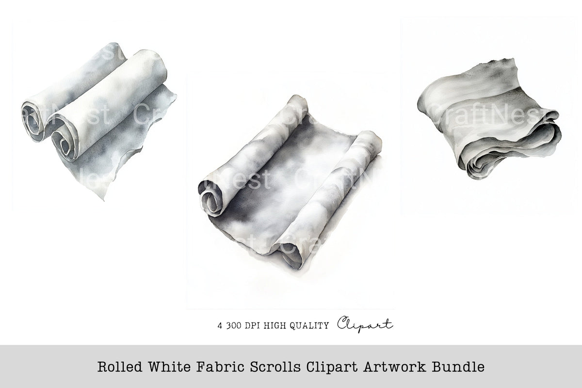 Rolled White Fabric Scrolls Artwork Clipart Bundle